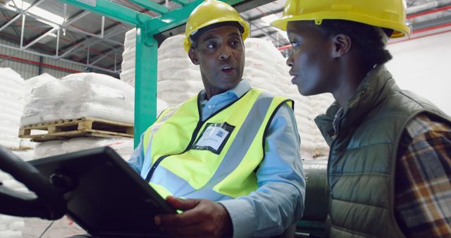 Warehouse workers are engaged in a discussion while sitting in a forklift, reviewing information on a digital tablet. They are wearing safety vests and hard hats, emphasizing protocol and safety. This scenario highlights teamwork, logistics, and planning within a warehouse setting and can be used for topics related to industrial work, warehouse operations, workplace safety, or training materials.