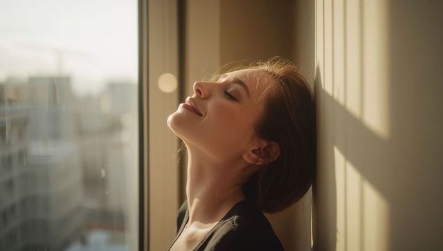 Woman soaking warm sunlight leaning by window in urban apartment at golden hour