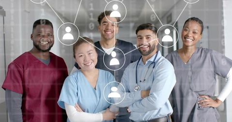 Smiling Diverse Medical Team with Networking Icons in Hospital