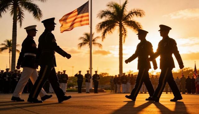 Silhouetted military honor guard marching at sunset with american flag and palm trees