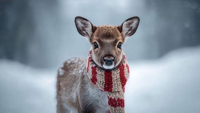Close-up winter fawn wearing red and cream knitted scarf in snow-covered forest portrait