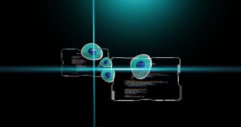 Futuristic holographic data spheres and hud interface with cyan crosshair and neon glow