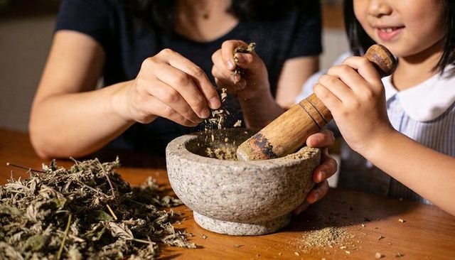 Mother and child grinding dried herbs with stone mortar and wooden pestle, hands-on