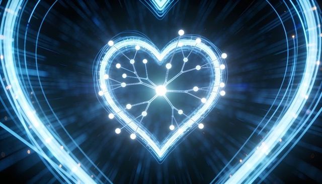 Neon network heart with central hub and data nodes, futuristic digital connectivity concept