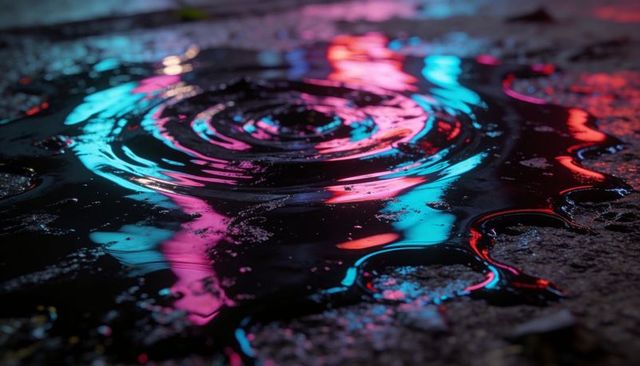 Neon-lit puddle rippling with cyan and magenta reflections on gritty asphalt