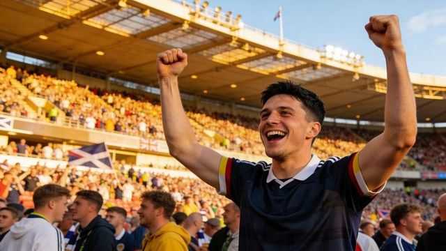 Young football fan cheering and raising fists in sunlit stadium with scottish saltire