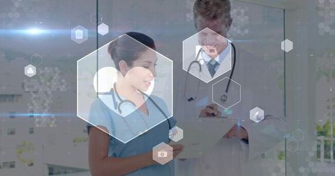 Medical Team Reviewing Digital Records, Futuristic HUD Interface and Tablet Collaboration