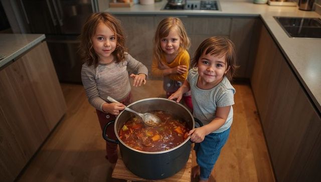 Three young siblings stirring hearty vegetable stew in warm modern kitchen, family cooking