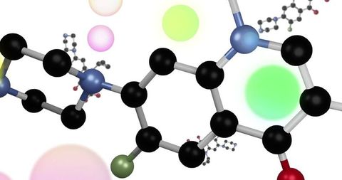 Colorful ball-and-stick molecular model showing aromatic rings and functional groups
