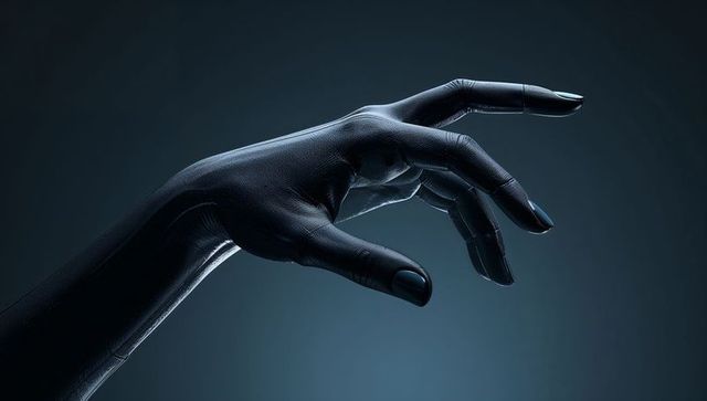 Glossy black gloved hand reaching with painted nails high-contrast minimalist composition