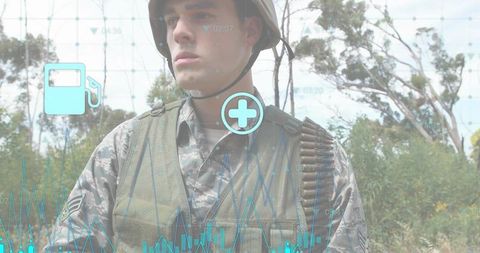 Standing soldier wearing camo uniform, helmet and bandolier with tactical hud overlay in woodland
