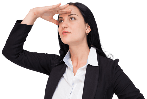 Transparent Businesswoman Looking Ahead Hand on Forehead
