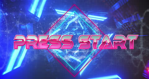 Futuristic Neon Press Start Sign for Video Game Interface