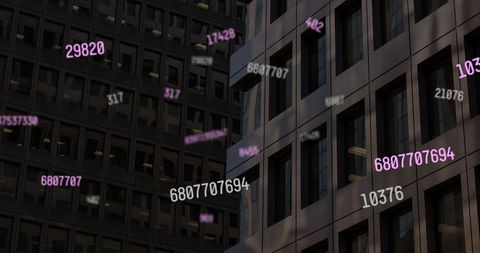 Falling Digital Numbers Over Urban High-rise Buildings