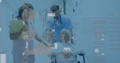 Healthcare professionals with patient and financial data overlay