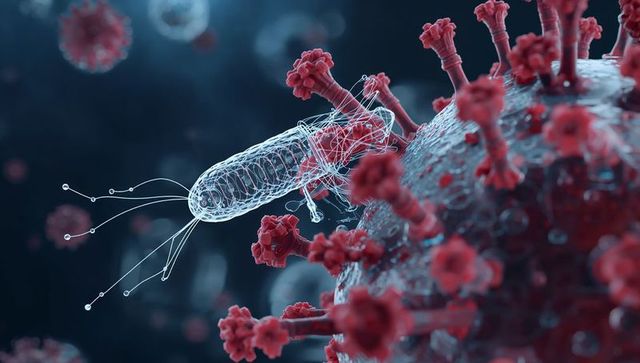 Wireframe nanobot targeting red-spiked virion in lab fluid macro 3d biomedical concept art