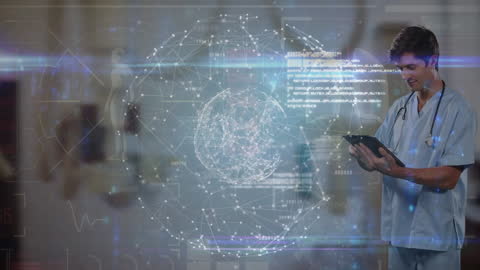 Doctor Engaging with Digital Interface and Global Data