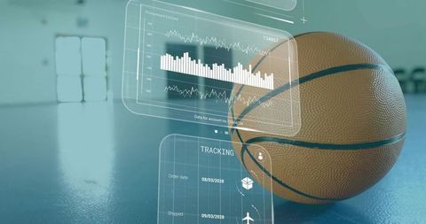 Basketball resting on glossy blue court showing pebble-grain with holographic analytics overlay