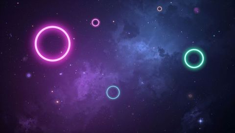Neon Rings Drifting Over Purple Nebula Galaxy With Glowing Cyan and Magenta Halos