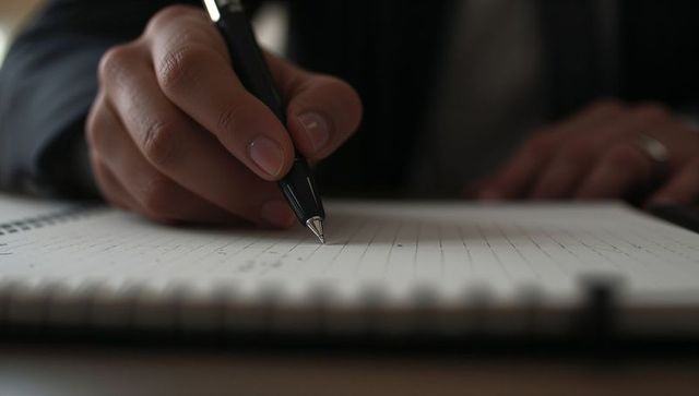 Businessman Writing in Spiral Notebook with Ballpoint Pen Closeup Hand and Suit Cuff