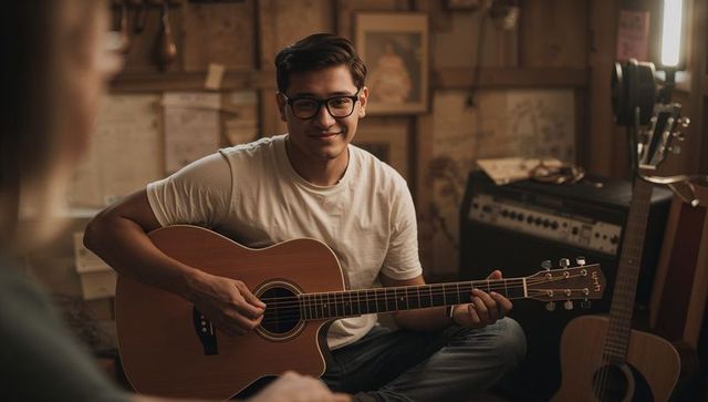 Young asian guitarist playing acoustic guitar in cozy studio, smiling while practicing