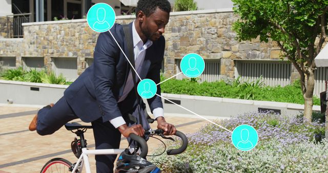 Businessman Mounting Bicycle with Networking Icons Outdoors - Download Free Stock Images Pikwizard.com