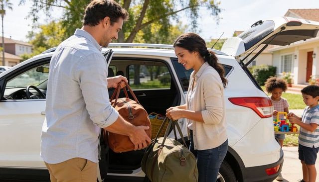 Family packing suv for road trip parents loading duffel bags while kids play outdoors