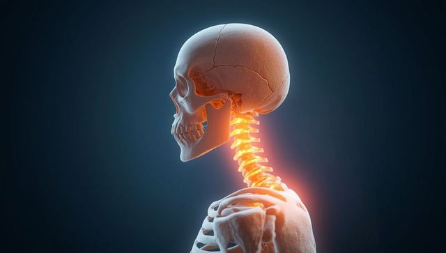 Illuminated 3D Skull with Highlighted Cervical Vertebrae