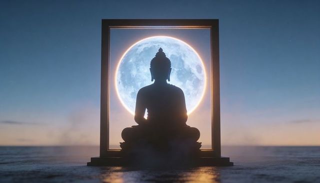 Meditating buddha silhouette framing full moon halo over calm water at twilight