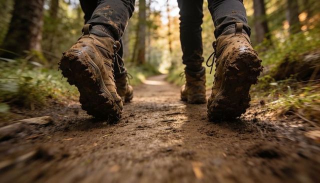 Muddy hiking boots walking along sunlit forest trail closeup outdoor adventure footwear