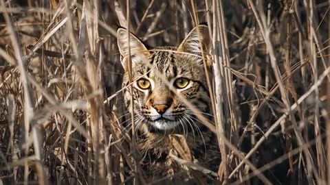 Wildcat peering and shifting through dry reeds while scanning reedbed for prey