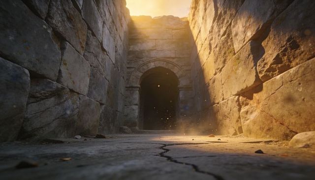 Sunlit Ancient Stone Archway Leading into Shadowed Ruin Passage with Cracked Flagstone
