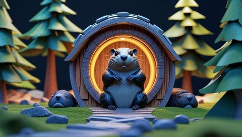 Enchanted forest: whimsical beaver in glowing barrel dwelling