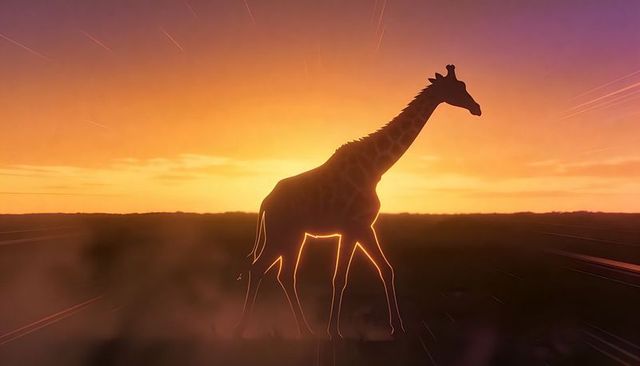 Giraffe walking across sunlit savanna at dramatic sunset with rim lighting
