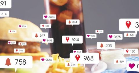 Social media engagement concept featuring burger, fries, soda and notification badges