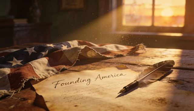 Founding america manuscript resting with quill and worn american flag at sunset