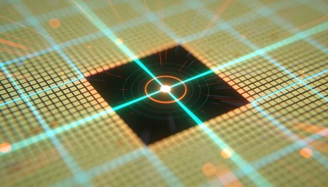 Highlighting central semiconductor core emitting ringed glow with cyan beams over wafer grid