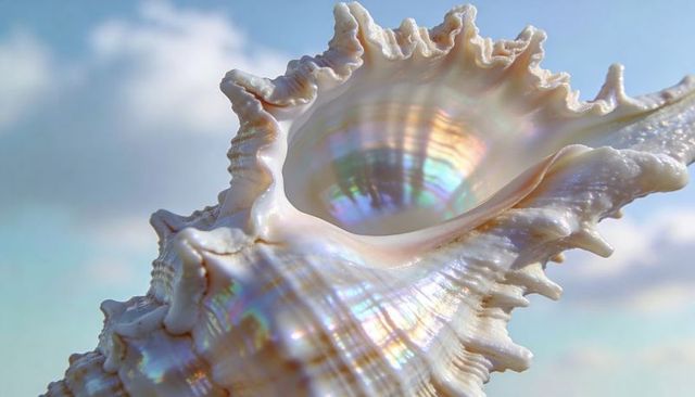 Conch shell displaying iridescent nacre and rainbow sheen against soft sky