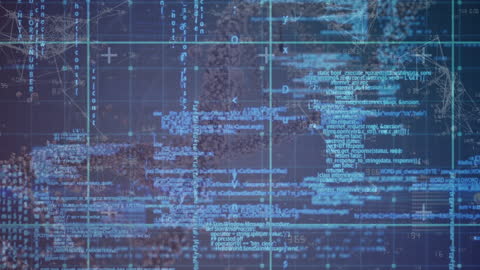 Digital DNA Structure with Grid Network Overlay in Blue