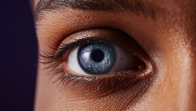 Macro human eye with biometric iris overlay illustrating ai security and authentication