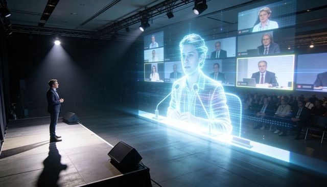Speaker presenting to life-size holographic ai presenter on conference stage with virtual panel