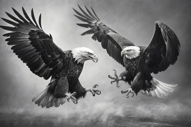 Two majestic bald eagles are captured in mid-flight against a stormy sky. Their powerful wings and fierce expressions embody the spirit of the wild.