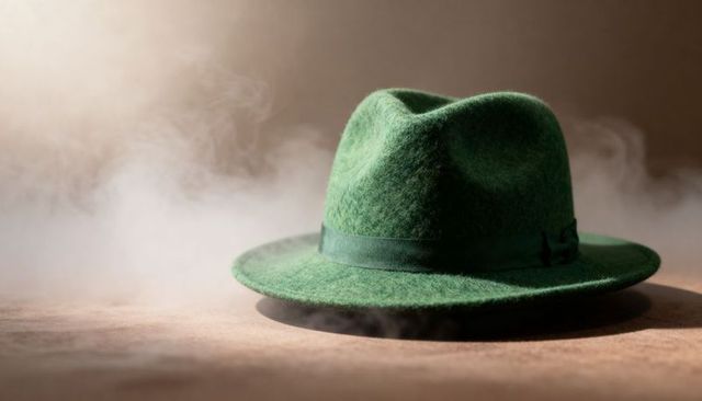 Green Felt Fedora Resting on Suede Surface with Smoke and Warm Studio Lighting