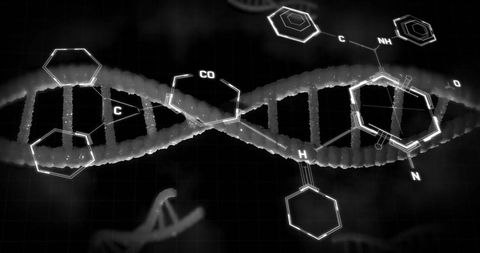 Futuristic dna strand with molecular structure overlay