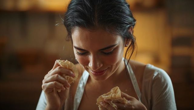 Woman smiling while handling dough in cozy rustic kitchen, flour-dusted hands and apron