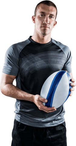 Confident rugged athlete holding rugby ball on transparent background