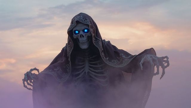 Hooded Skeletal Figure Amid Enchanting Mist at Dawn