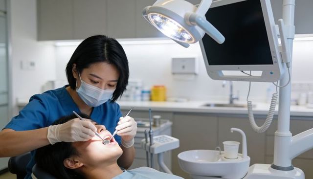 Female dentist wearing mask and gloves performing dental exam on patient in modern clinic