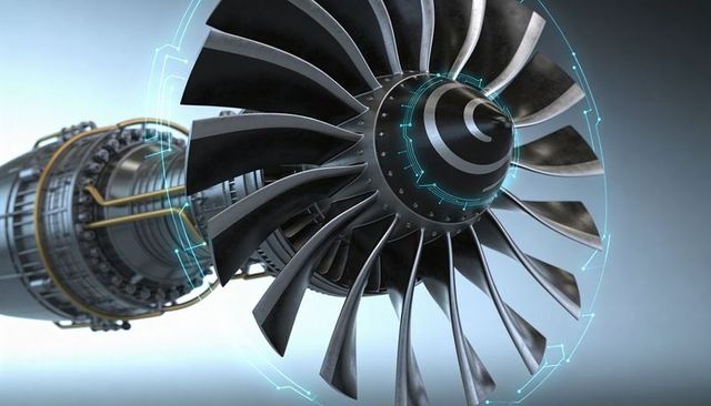 Turbofan engine front assembly with spinner and fan blades under blue hud overlay