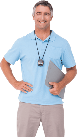 Confident Athletic Trainer with Stopwatch in Transparent Setting
